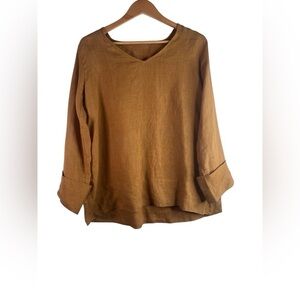 Suzani Brown Linen V Neck Top Size Medium